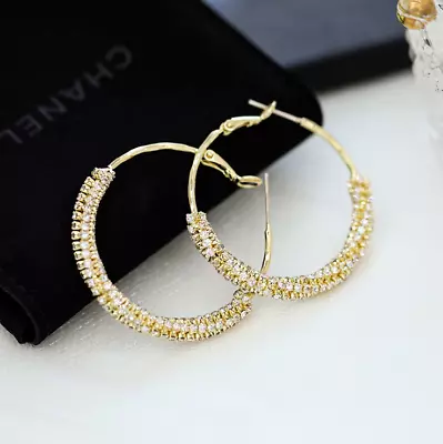 Women 18K Gold Micro Pave CZ  Twist Hoop Earrings 40mm/1.6  Gift Box PE37 • $15.95