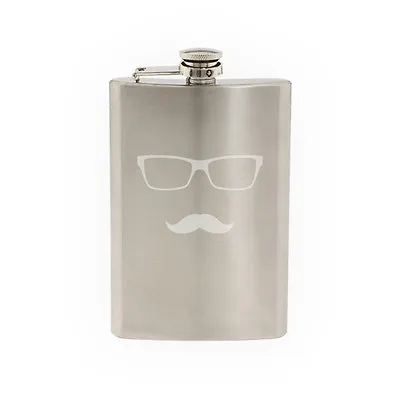 Glasses With Mustache #5 - Hipster Style Fancy Goofy -8 Oz Etched Flask • $17.99