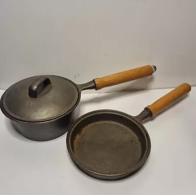 Vintage Wooden Handle & Cast Iron Le Creuset Skillet & Sauce Pan 6in  • £29.99