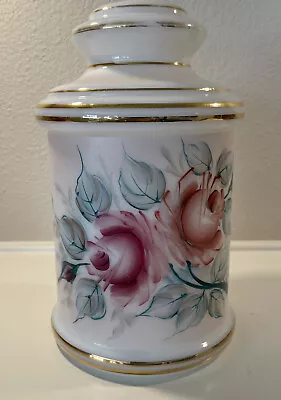 White Milk Glass Apothecary Jar Lid Hand Painted Pink & Green Floral Gold 9” • £28.94