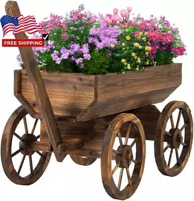 Wood Wagon Planter For Outdoor Balcony Decor - Garden Rustic Wooden Flower Cart  • $189.05