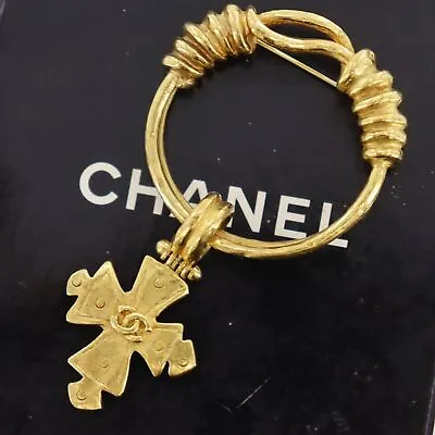 CHANEL CC Round Cross Used Pin Brooch Gold Plated 94P France Vintage #BU252 S • $871.08
