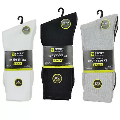 £8.99 • Buy 5 Pair Mens Gents Cotton Rich Sport Socks Big Foot Shoe 12 - 14 Black White Grey