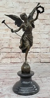 Signed Moreau Large Charming Angel Standing On Rock Bronze Marble Sculpture Deco • $174.50