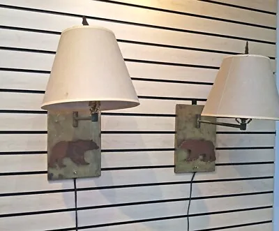 Vintage Pair Cabin Grizzly Bear Iron Brass Wall Sconces 80's Swing Arm Wired  • $210