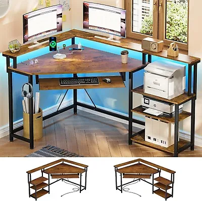 Corner Desk Small Computer Desk With Power Outlets &LED Lights Home Office Desk • $139.97