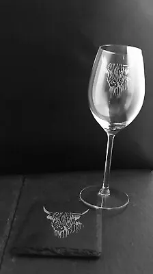 £13 • Buy Highland Cow Engraved Stemmed Wine Glass & Square Rustic Slate Coaster Gift Set