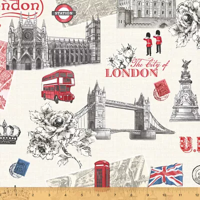 LONDON ICONS From Windham 100% Cotton Fabric  Union Jack Royal Buses • £8.15