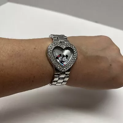 Mickey Minnie Mouse Disney Bracelet Watch Heart Crystals Silver - W/New Battery • $15