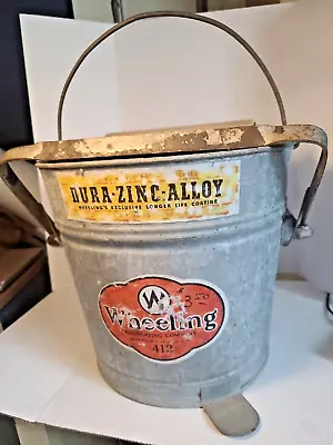 Vtg Wheeling Wringer Mop Pail Galvanized Bucket W/ Wooden Rollers Most Of Labels • $30