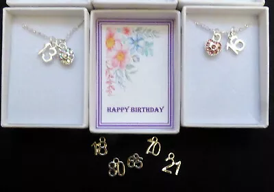 Birthday Necklace Small Crystal Heart & Number In Gift Box & Organza Bag  • £6.45