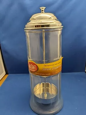 Straw Dispenser 11 Inch Vintage Heavy TableCraft Paneled Clear Glass Metal Lift • $24.99