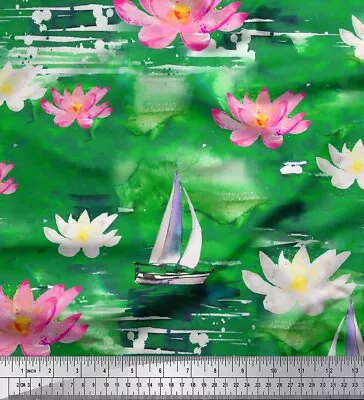 Soimoi Green Cotton Poplin Fabric Yacht & Lotus Flower Print Fabric-1ea • $9