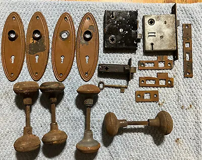 Vintage Door Knob Hardware Lot Antique Salvage Lock Flat Screw Key Face Plate • $35