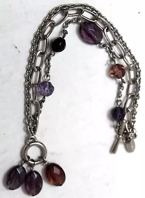 Cookie Lee Silver Tone 3 Strand Purple Crystal Bead Toggle Bracelet 7.5  #J11-C • $8.17