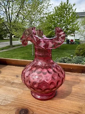 Fenton Glass Cranberry Coin Dot Thumbprint Ruffled Vase 7  Tall Vintage • $35
