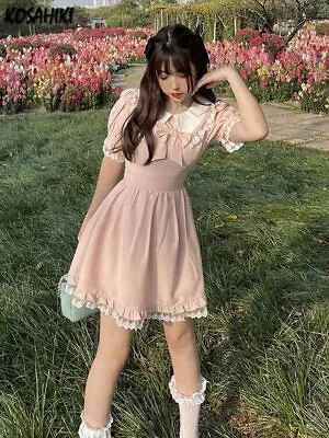 Summer Kawaii Party Mini Dress Women Lace Korean Style Sweet Pink Lolita Vestido • £30.49