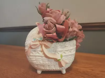 Florist Planter Baby Girl Gift White Pram Pink Plastic Roses '61 Ceramic Vintage • $5.98