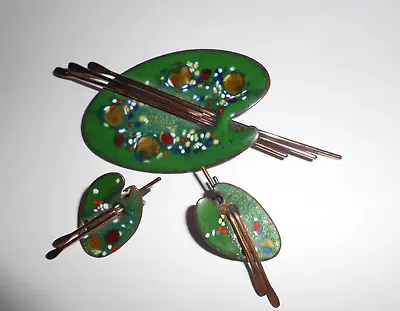 Vintage Matisse Copper & Enamel Brooch & Earrings Set. • $52