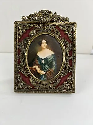 VTG Italy Action Ornate Brass Picture Frame With Red Background Woman Easel Back • $15.88