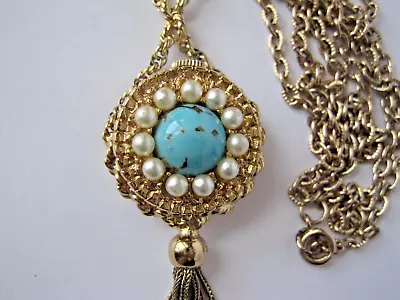Vintage Endura Wind Up Necklace Pendant Watch Gold Tone Turquoise Swiss Works • $35