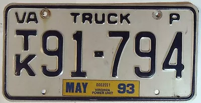 Virginia VA License Plate Tag Vintage 1993 Truck # TK91-794 P Power Unit P • $16.95