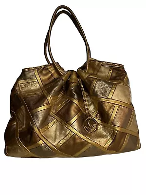 MICHAEL KORS Metallic Leather Patchwork Shoulder Tote Bag Hobo Gold Bronze Rose • $40