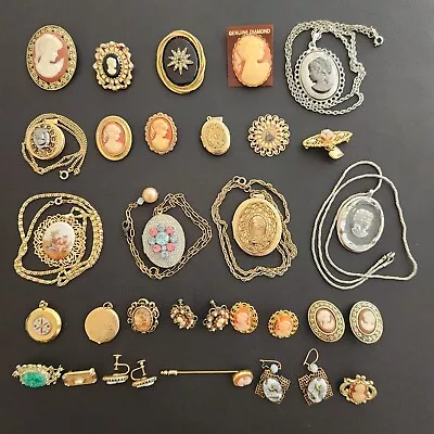 CAMEO Vintage-Modern Lot Brooch Pin Necklace Pendant Earrings Rhinestones J506 • $33