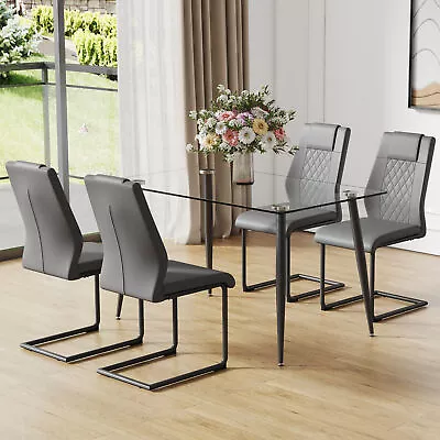 5 Pieces Dining Table Set Rectangulat Kitchen Table Glass Tabletop 4 PU Chairs • $378.99