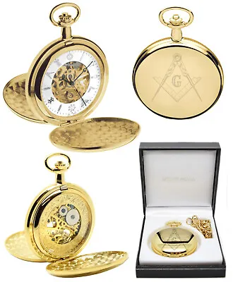 Mount Royal Masonic Twin Lid Skeleton Pocket Watch 17 Jewel Gold Plated (G414) • $130.54