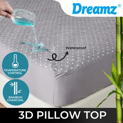 $52.99 • Buy Dreamz 3D Pillowtop Mattress Protector Topper Bamboo Charcoal Waterproof Cover
