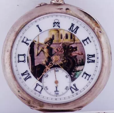 Antique  Pocket Watch French Silver MEMENTO MORI Skeleton Enamel Dial C1890 RARE • $824.45