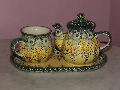 Polish Pottery Tea-for-One Tea Set! UNIKAT Signature Exclusive Miss Daisy! • $139.99