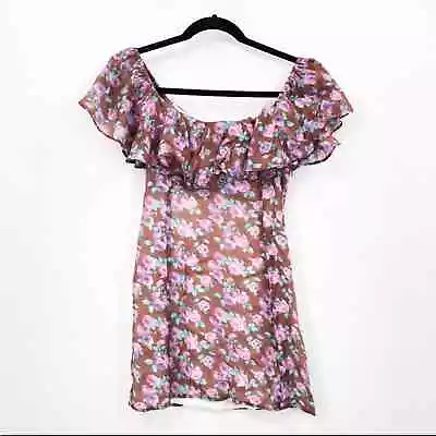 Vanessa Mooney The Joelyn Mini Dress Brown Floral Ruffle Off The Shoulder NEW • $75