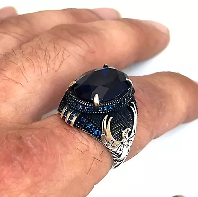 Mens Handmade Ring Turkish Handmade Sapphire Ring Men Ring 925 Silver 5-16 • £55.98