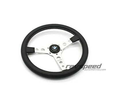 MOMO Prototipo Silver Steering Wheel Black Leather 350mm With BMW Horn Button • $249.95