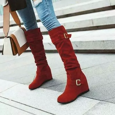 Womens Faux Suede Buckle Hidden Wedge Heel Mid Calf Knee High Boots • $64.03