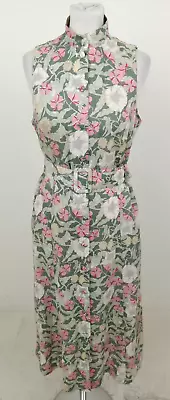 Laura Ashley Womens Dress Size 12 Green Pink Floral High Neck Sleeveless Used F1 • £10.49