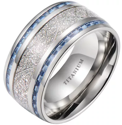 Mens 10mm Meteorite Inlay Titanium Wedding Band Ring With Blue Carbon Fiber • £37.99