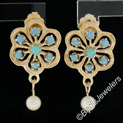 Vintage 14k Yellow Gold Bead Turquoise & 3.9mm Pearl Floral Drop Dangle Earrings • $319.20