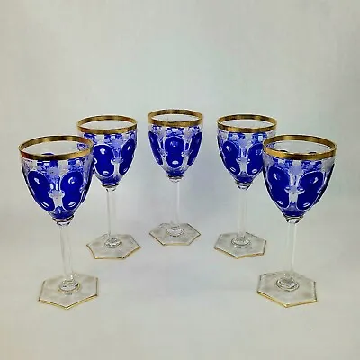 Antique Bohemian Cobalt Blue Cabochon Wine Hock Glasses Water Goblets 8” • $595