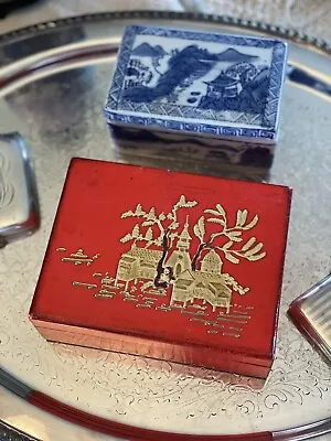 PAGODA Jewelry Box Red Lacquered Depicting Village Scene With Gold VINTAGE • $18
