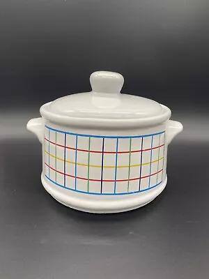 Vintage Mardi Gras MT CLEMENS Pottery Bean Pot Colored Grid On White • $16.99