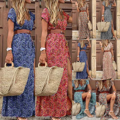 Womens Boho Floral Maxi Dress V Neck Summer Short Sleeve Holiday Beach Sundress • £12.69