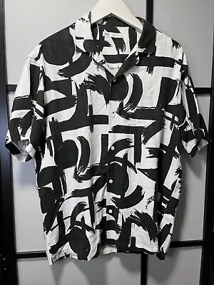 Zara Men's Linen Silk Viscose Miami Vibe Black/White Button Down Shirt Size XL • $50