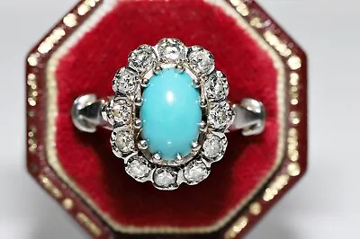 Vintage Circa 1970s 14k Gold Natural Diamond And Turquoise Decorated Ring • $999