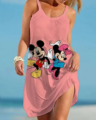 Mickey Minnie Mouse Women Dresses Sleeveless Summer Beach Loose Midi Sun Dresses • $13.55