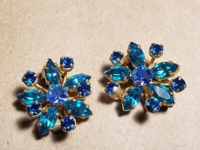 Vintage AUSTRIA Clip On Earrings Gold Tone Austrian Crystals Green Blue Marquis • $24.99