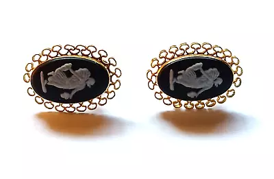 Vintage 12K G.F. Wedgewood England Black Cameo Screw Back Van Dell Earrings • $39.99