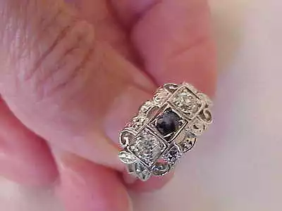 Art Deco 10k White Gold .48 Ct Diamond & Sapphire Ring Miners Cut Diamond • $799.95